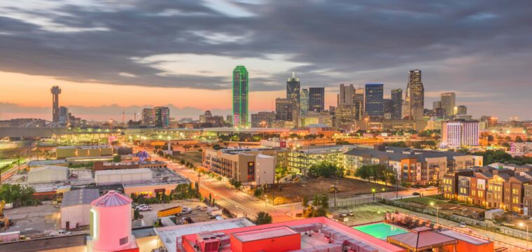 Dallas, Texas, USA downtown city skyline at dusk.
